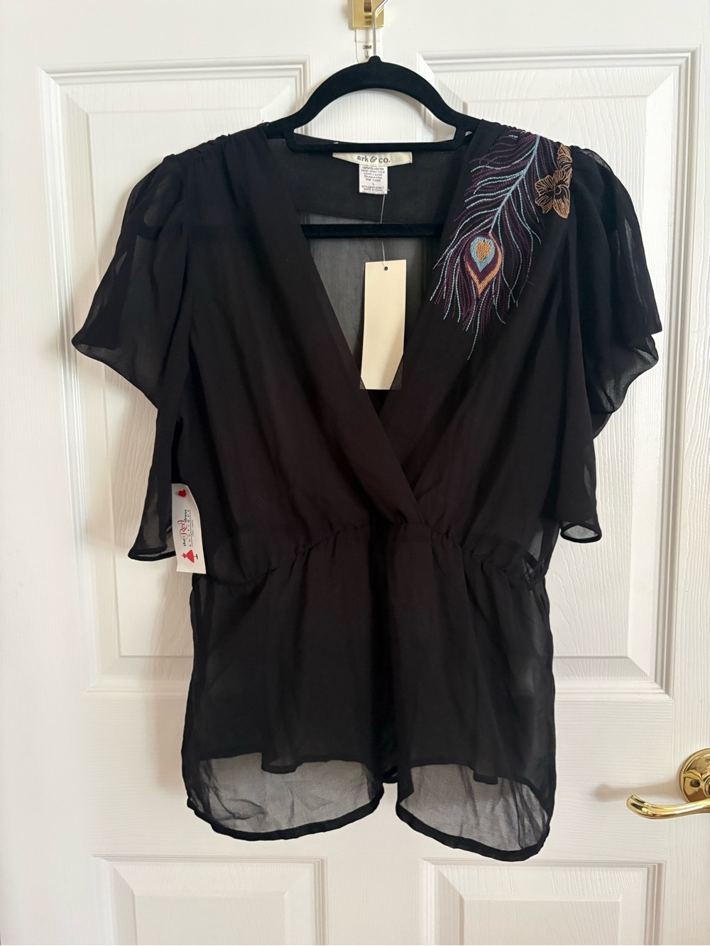Ark & Co Black Sheer Wrap Top with Embroidered Peacock Detail